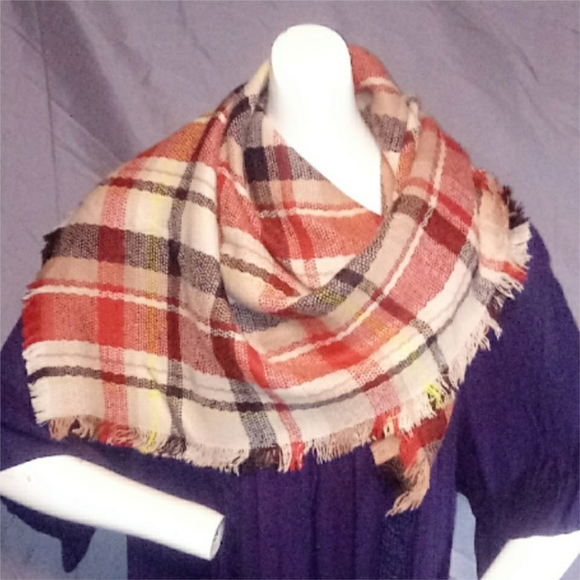 Red, Yellow, Cream & Black Check Square Scarf - Picture 3 of 7